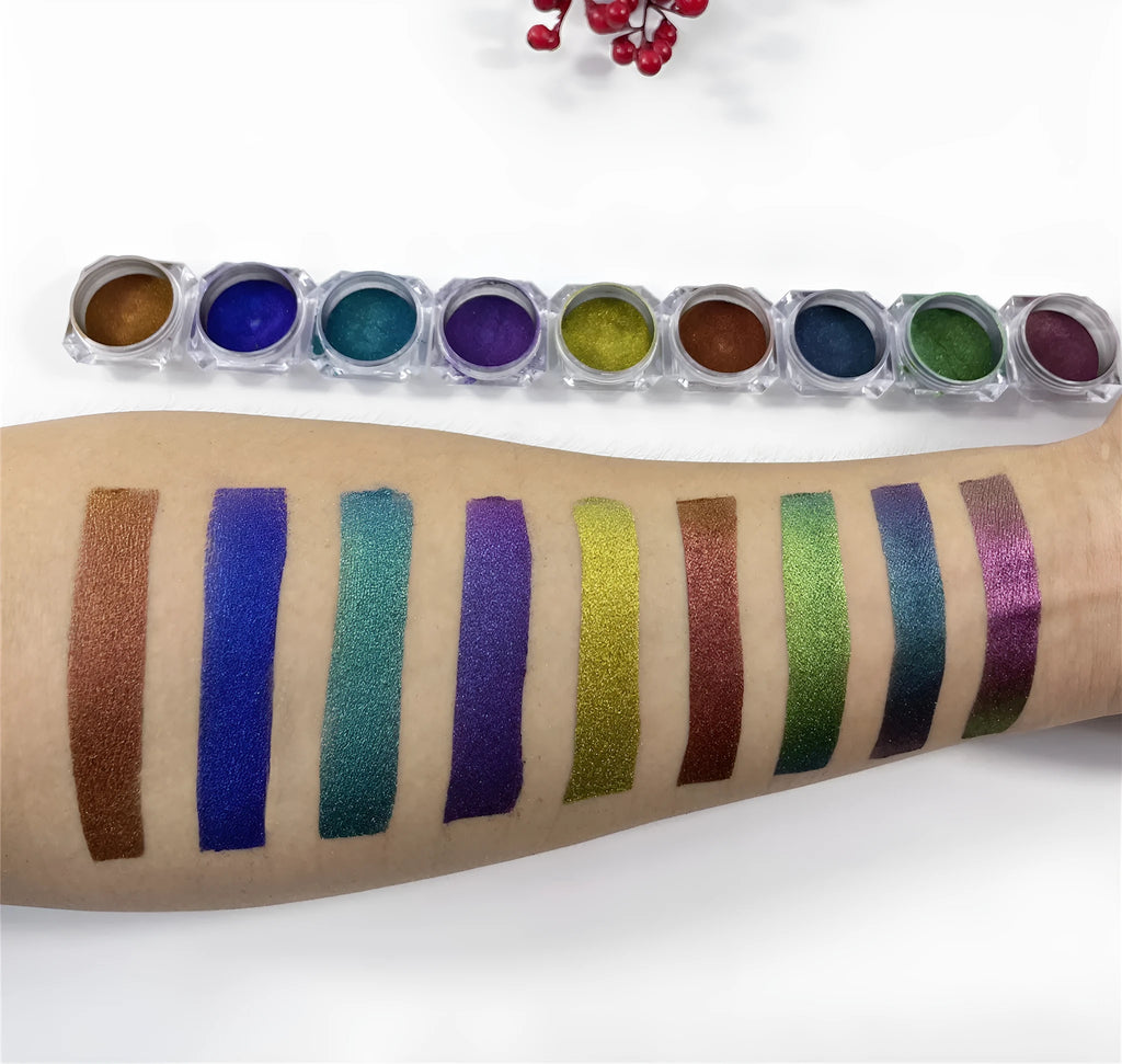 Nine pots of chameleon pigment pearl powder in colour-shifting mica shades for nail art and crafts