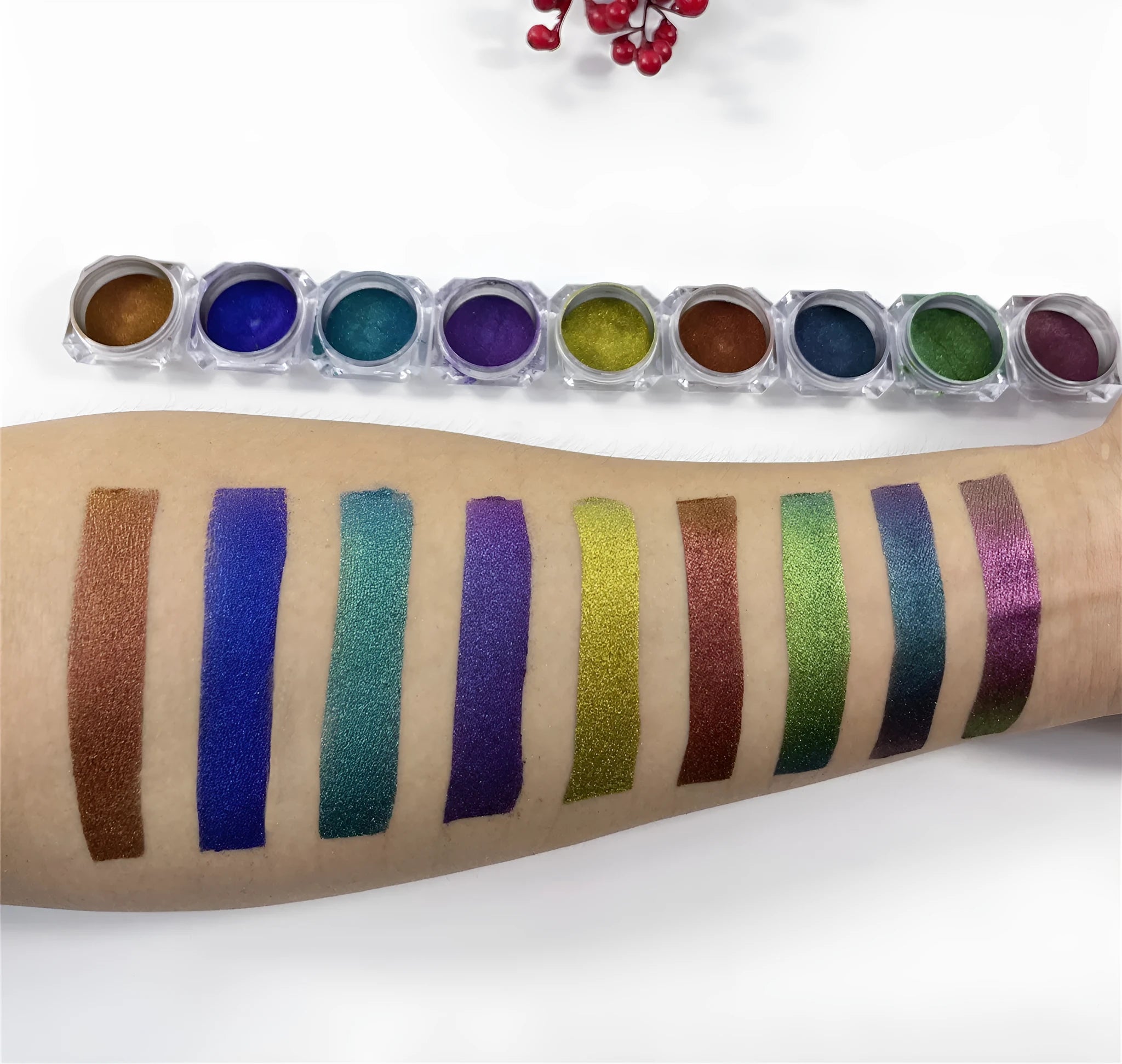 Nine pots of chameleon pigment pearl powder in colour-shifting mica shades for nail art and crafts