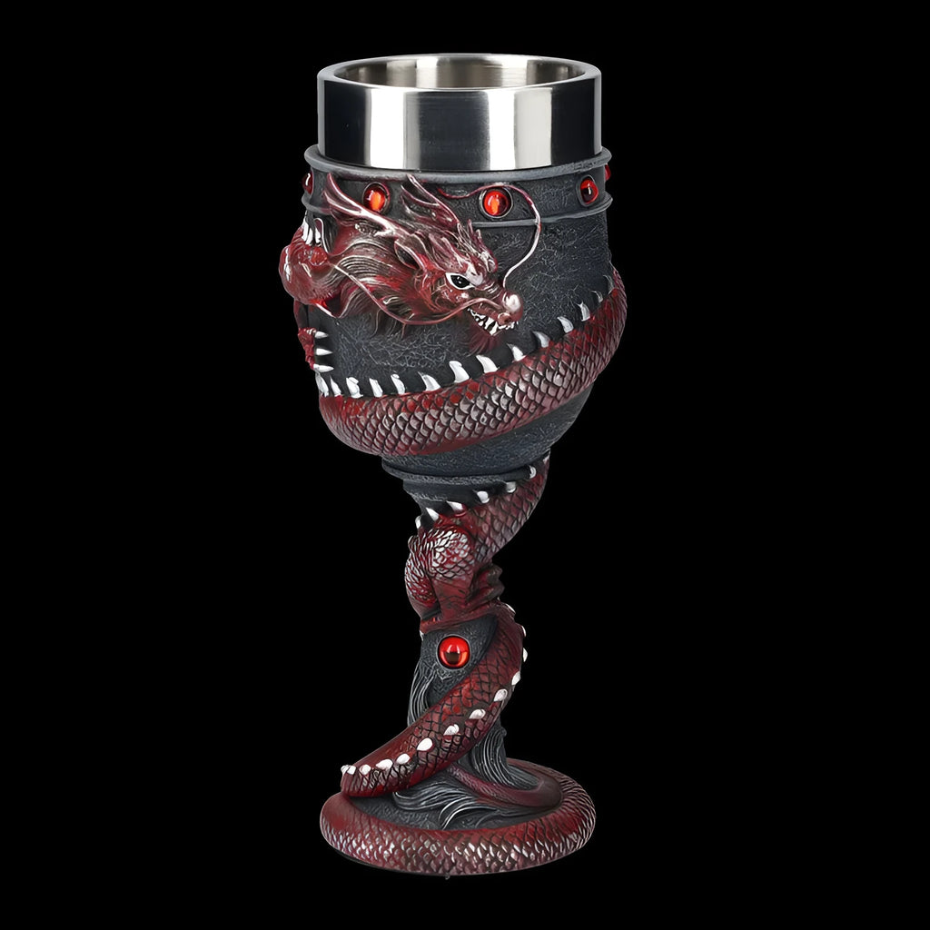 Red wine glass with stainless steel stem and 3D gold dragon resin decoration