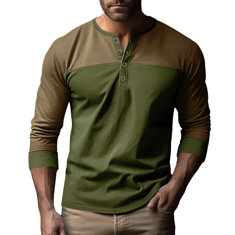 Men's retro colour block long sleeve base shirt in black and brown, loose fit polyester pullover