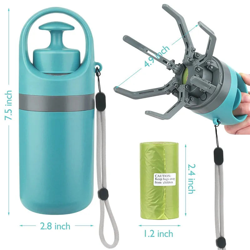 Blue portable dog pooper scooper with built-in bag dispenser and eight-claw shovel.
