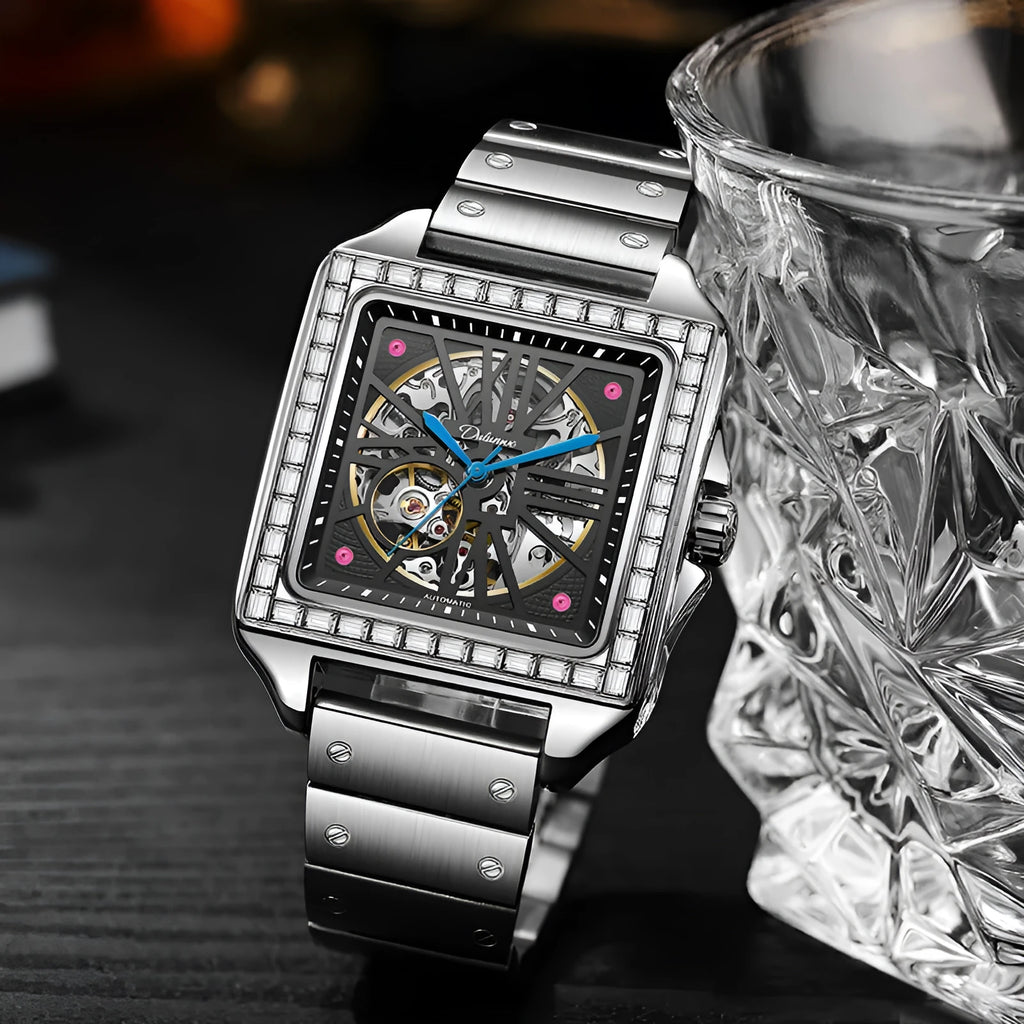 Square case automatic watch for men with diamond-studded bezel on a stainless steel bracelet