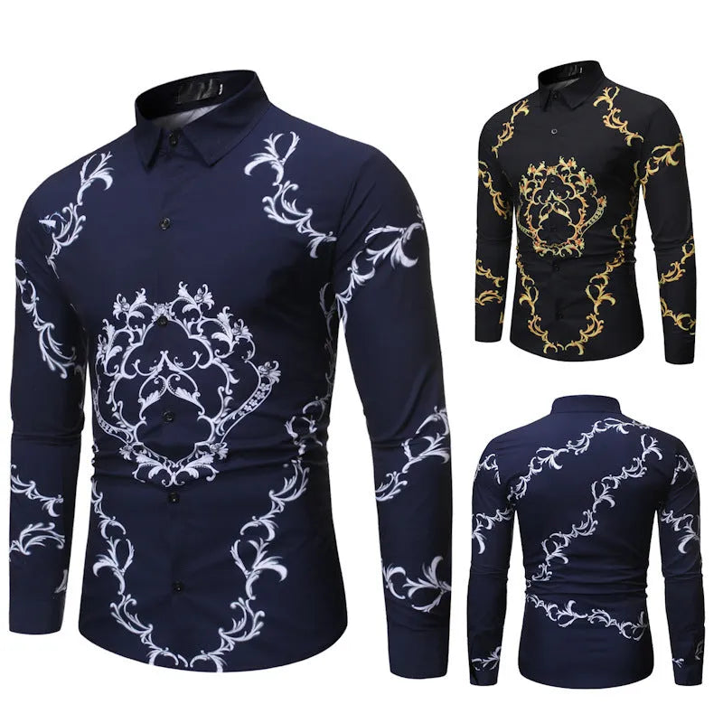Mens long sleeve slim fit casual shirt with flower print and colour matching detail in black or navy blue