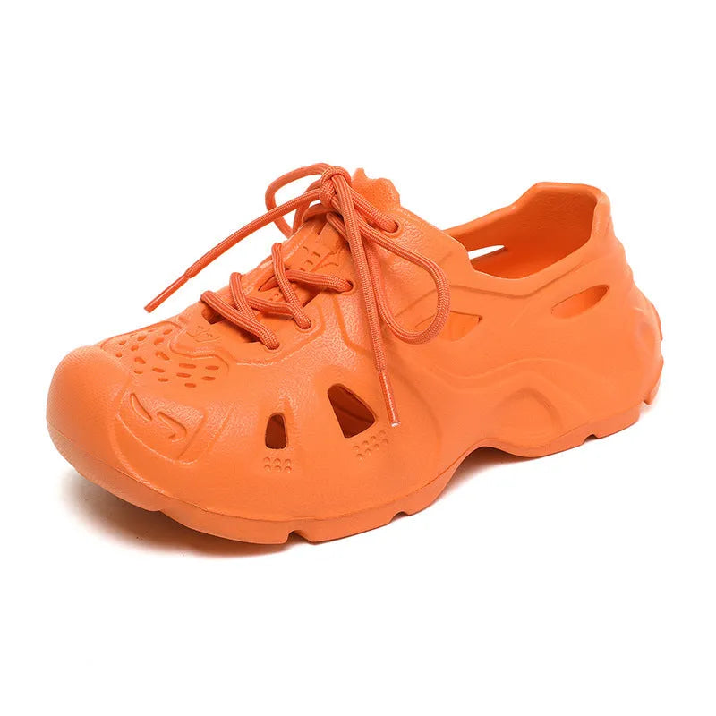 A pair of bright high-elastic EVA sandals with a thick sole, shown in fluorescent green.