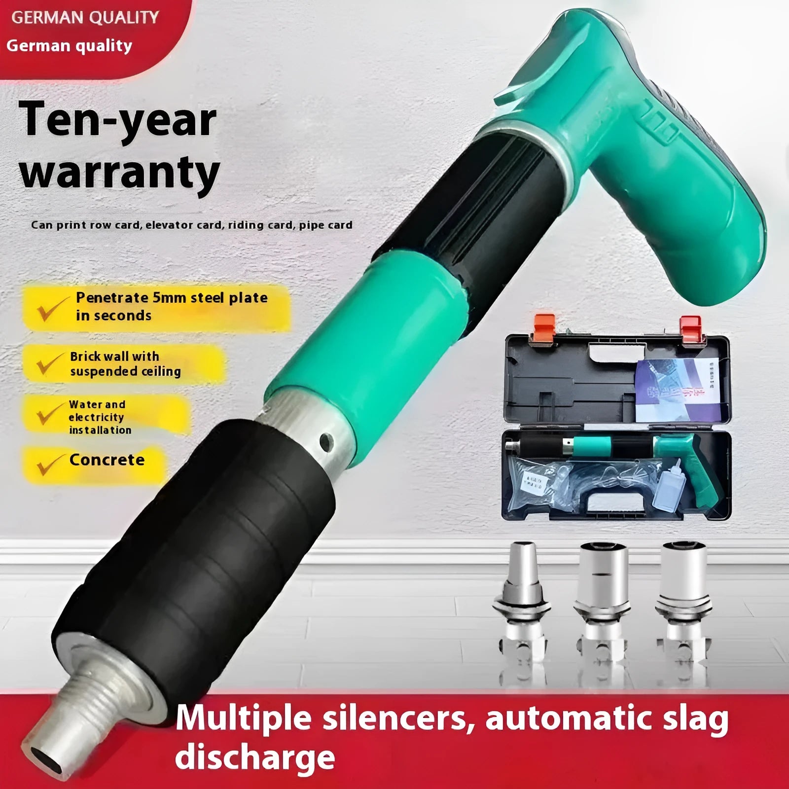 Mini ceiling nail gun in green toolbox with 100 nails, side exhaust, 25mm nail length