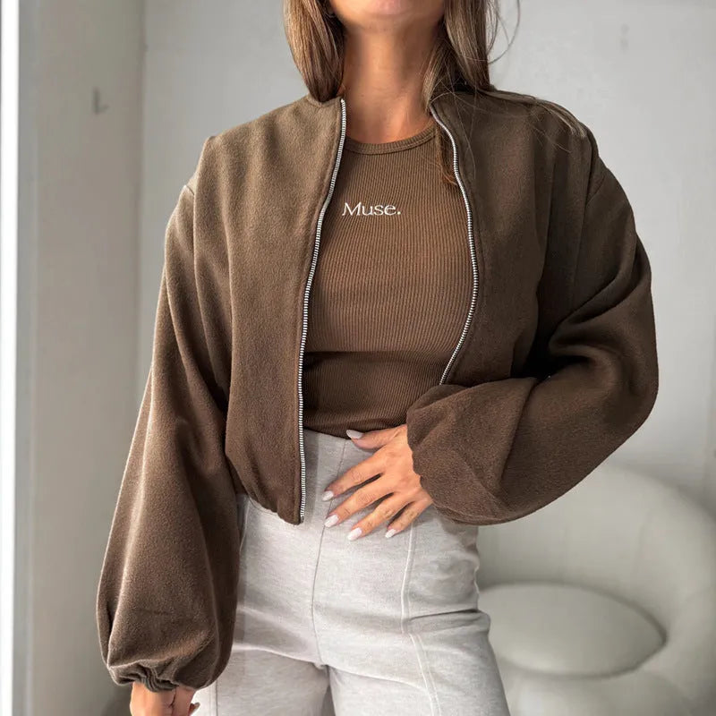 Women's off-shoulder lantern sleeve short coat in brown or milky white polyester