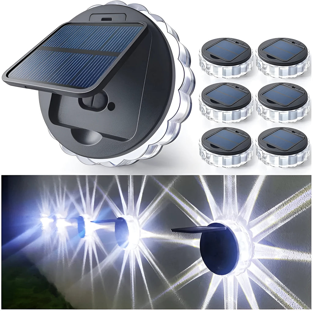 Round solar fence light with 9 LED lights in ABS housing for outdoor wall mounting