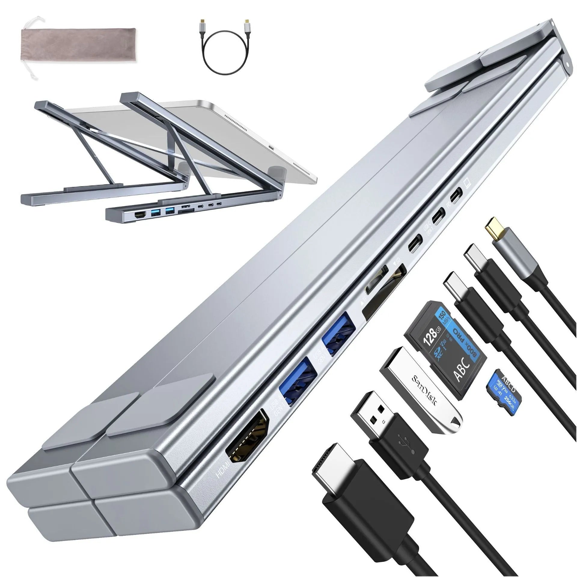 Aluminium alloy folding 8-in-1 HDMI docking station laptop stand with 0.6m cable