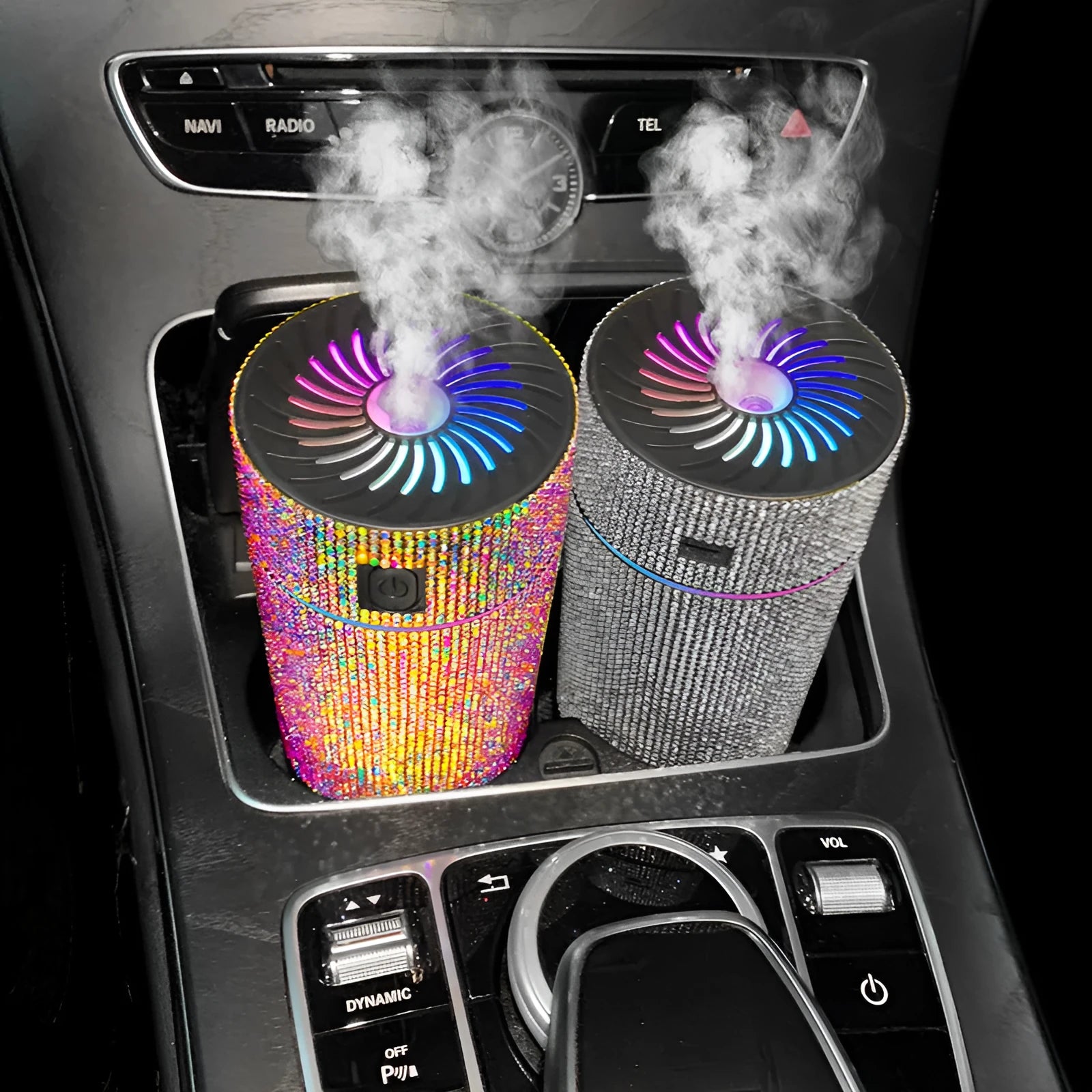 Car USB-powered humidifier with diamond-shaped water tank in seven colour options