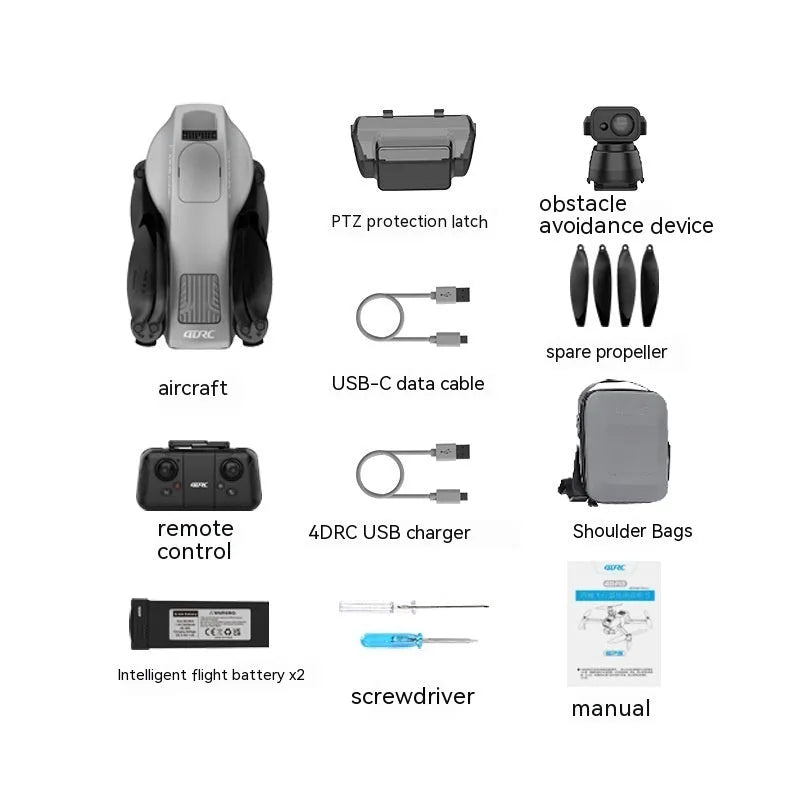 White folding quadcopter drone with camera, shown with remote control and shoulder bag.