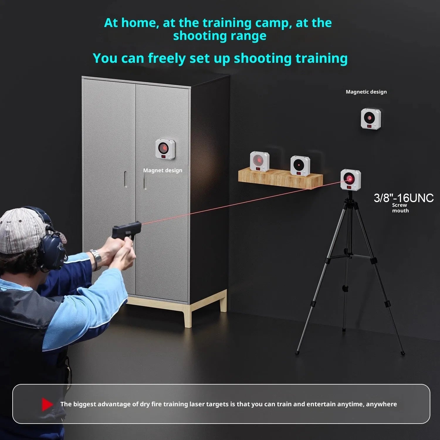 Dry fire laser target with magnetic plate and four replaceable target rings on a metal surface