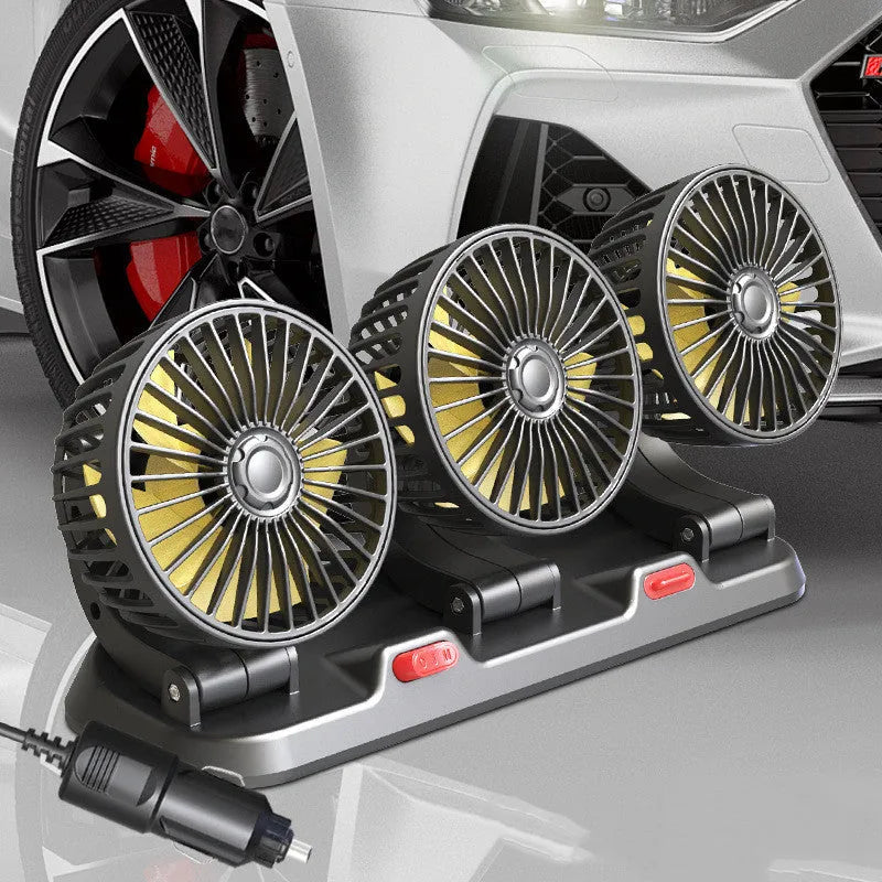 Three-head automotive electric cooling fan with extended cable for car interior use
