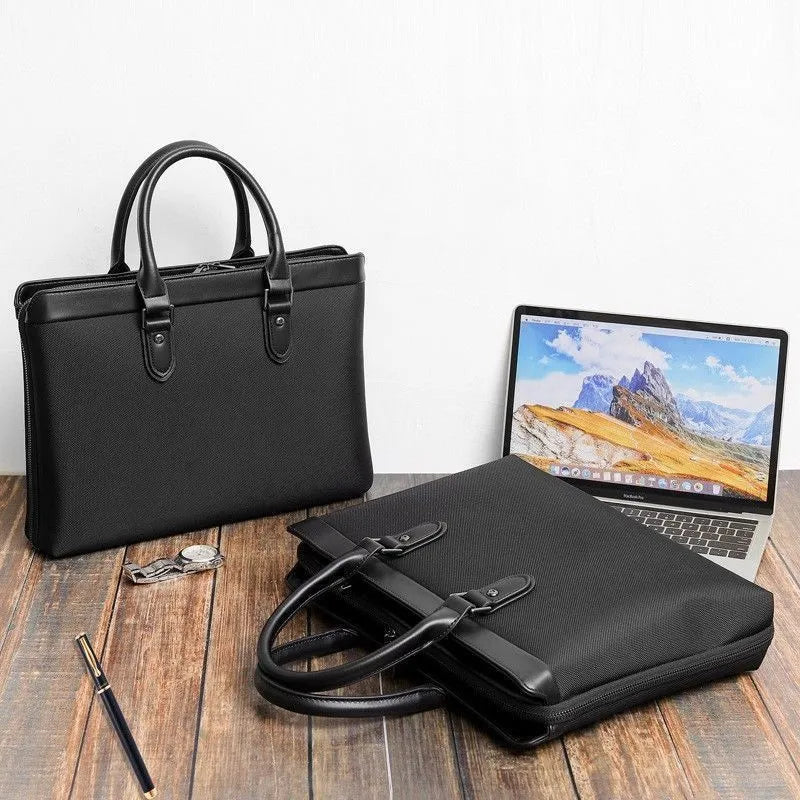 Office handbag portable briefcase file bag with PU outer and Oxford fabric lining in black or blue