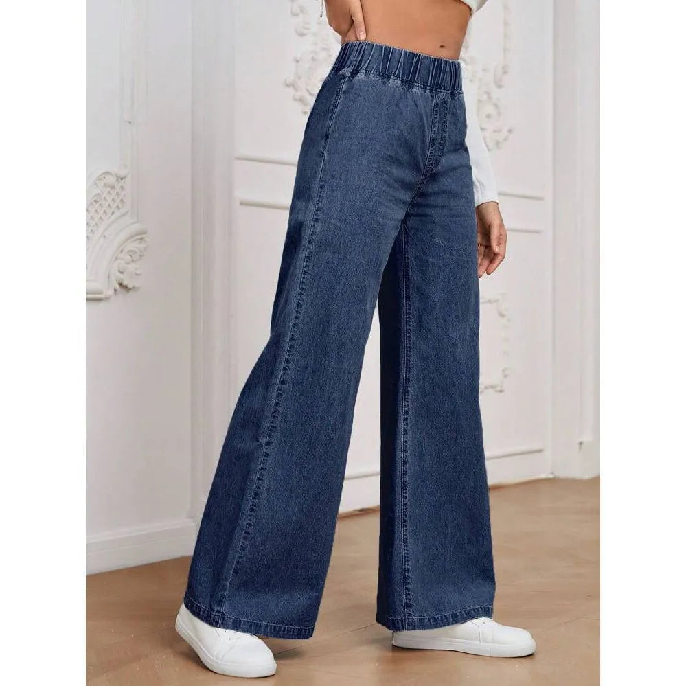 Light blue washed wide-leg denim jeans with straight-leg cut and mid-waist design