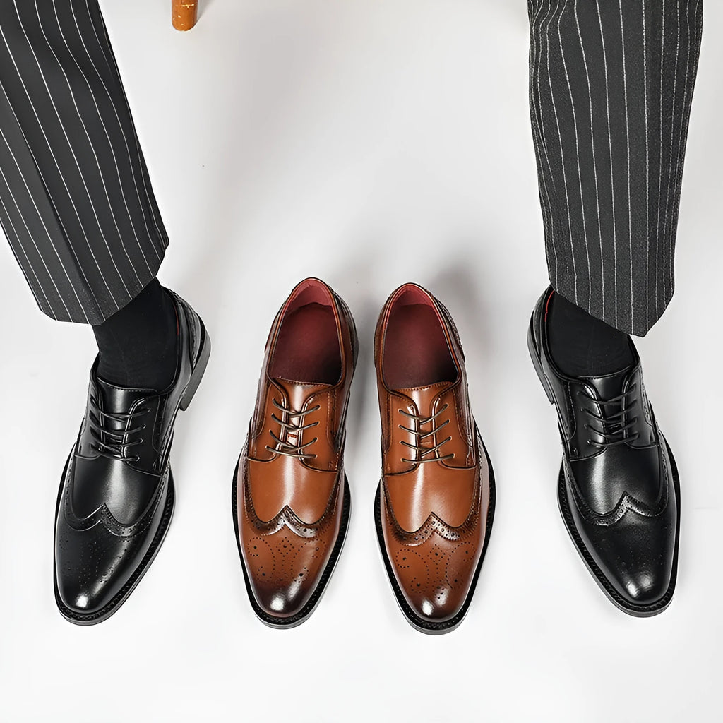 Genuine leather lace up block carved shoe in dark brown with composite sole