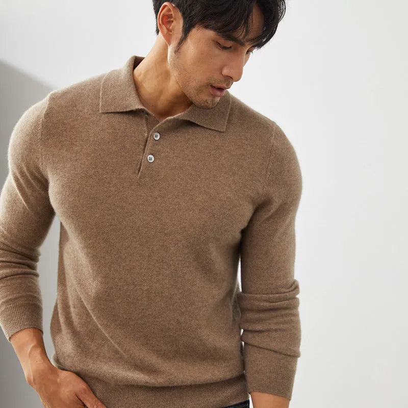 A sapphire blue men's cashmere pullover sweater with a polo collar, shown in a loose fit.