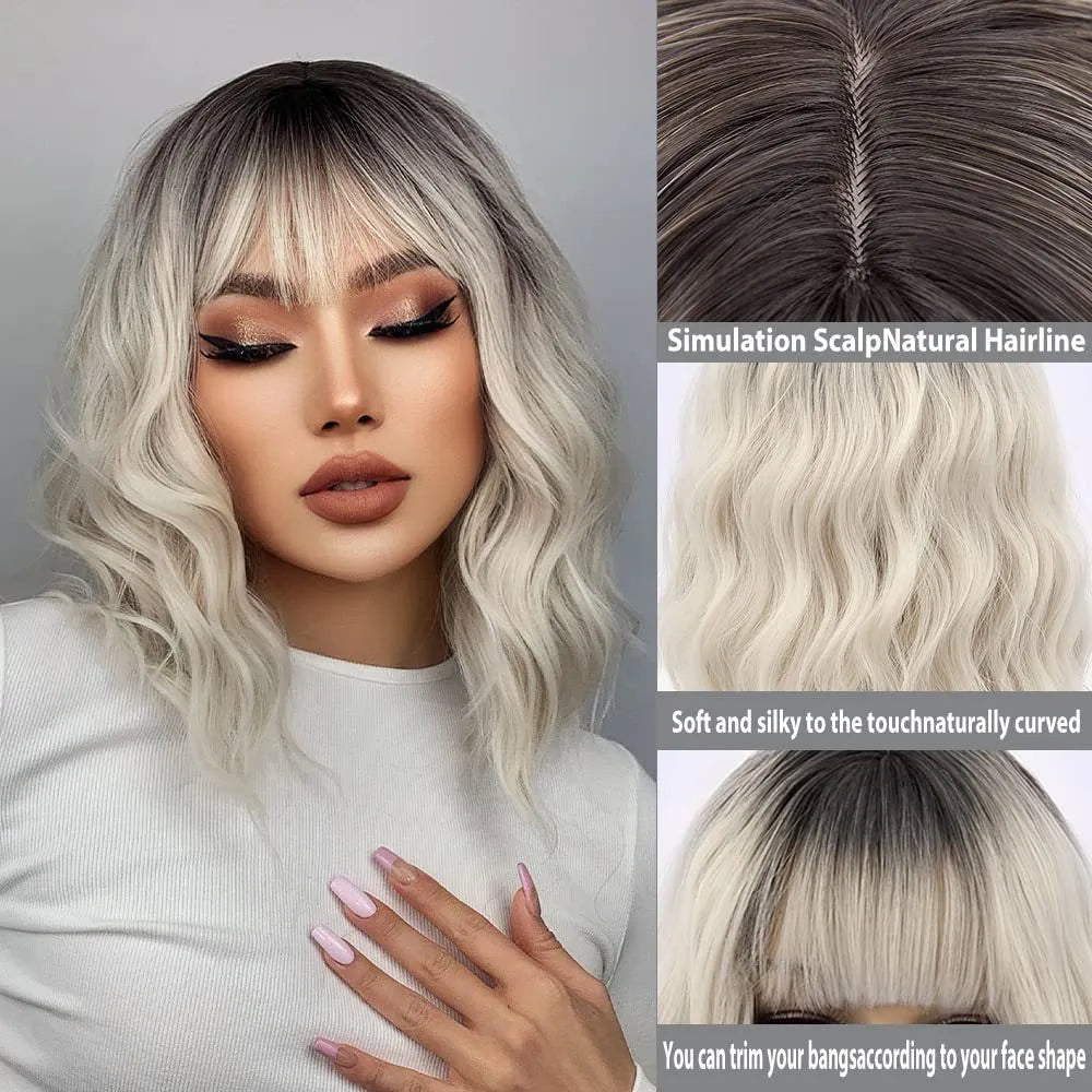 Womens short hair wig ethnic style high temperature silk with oblique bangs in image colour