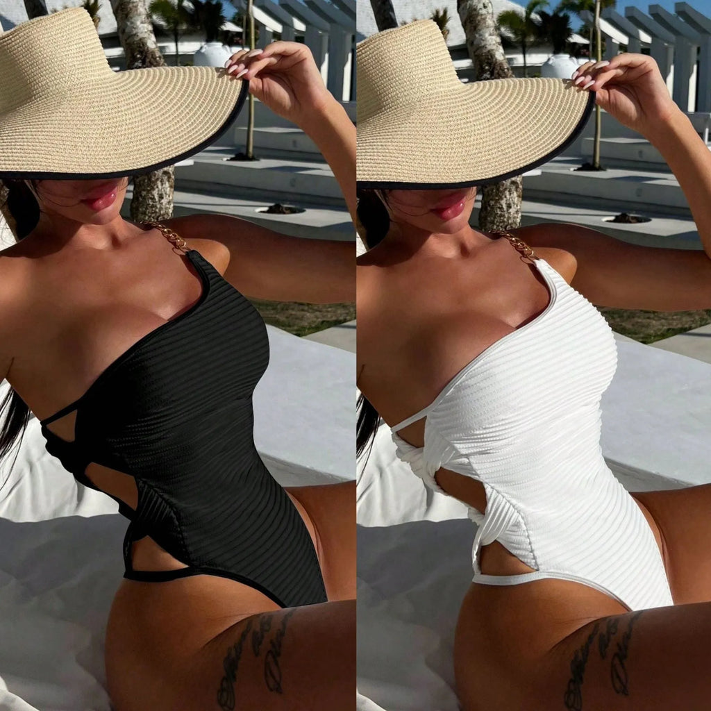 Women's solid colour one-piece swimsuit in beige or black options for swimming activities