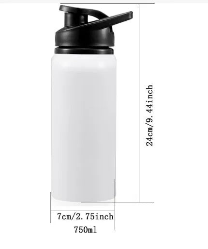 White aluminium sports water bottle for cycling with screw-on lid, shown in 600ml and 750ml sizes.
