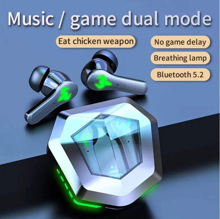 Black N35 wireless gaming Bluetooth headset with in-ear earplugs showing 10m range and noise reduction features