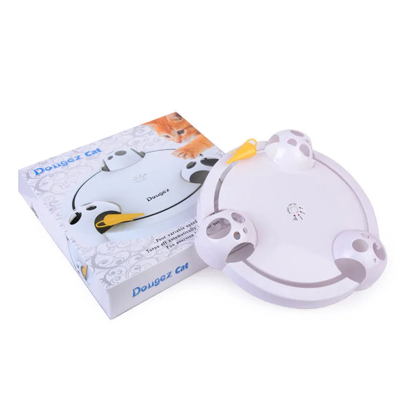 White electric cat toy turntable with mouse design on rotating ABS base, 32cm diameter