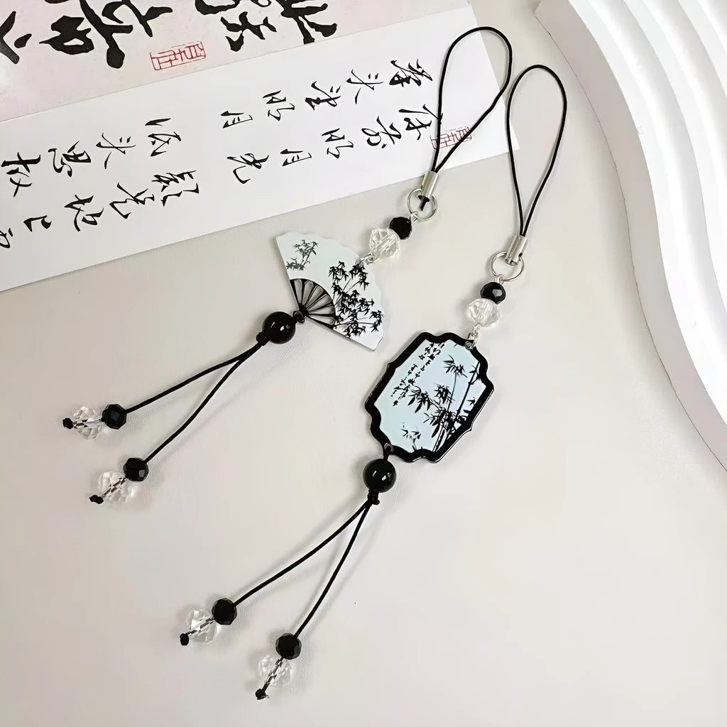Guofeng Chinese style keychain with floral pattern on baked varnish beads