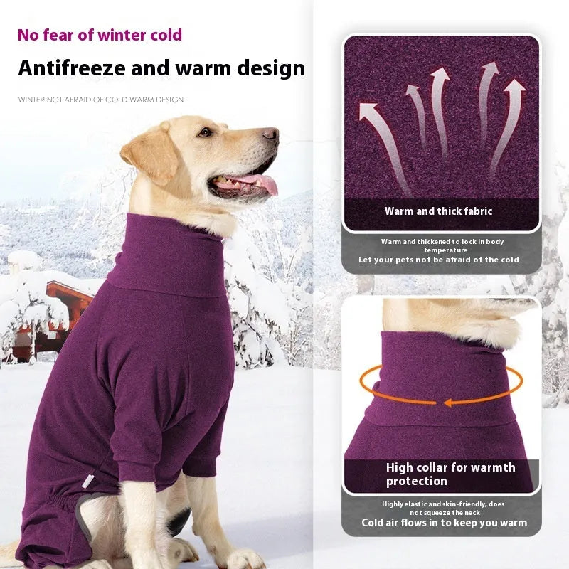 Dark grey polar fleece dog clothes with high collar and four-legged design for winter warmth