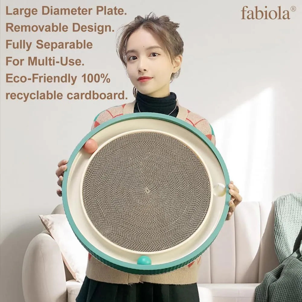 Large green circular cardboard cat scratching board with three built-in ball toys on a white base.