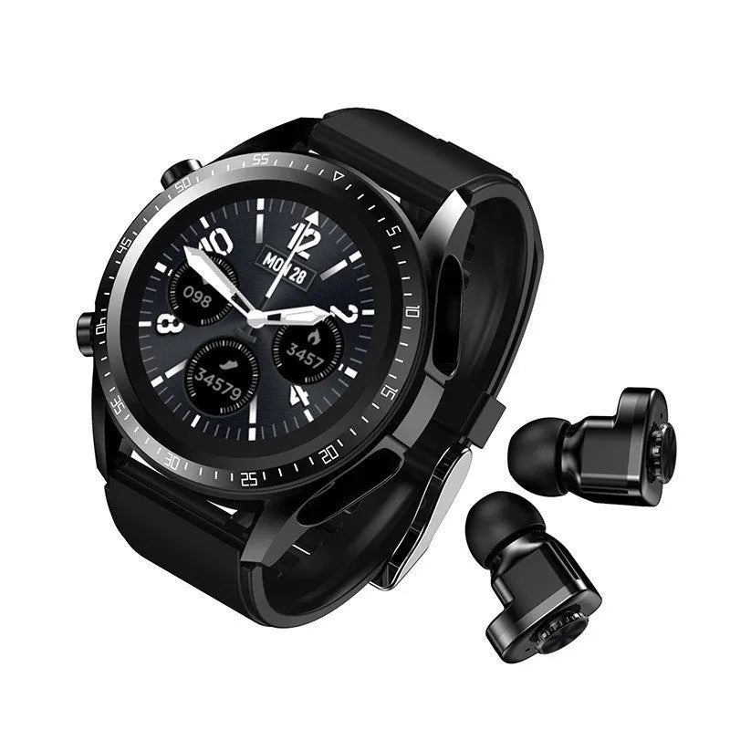 Black smartwatch with health monitoring on a silicone strap, showing a blood pressure readout on its screen.