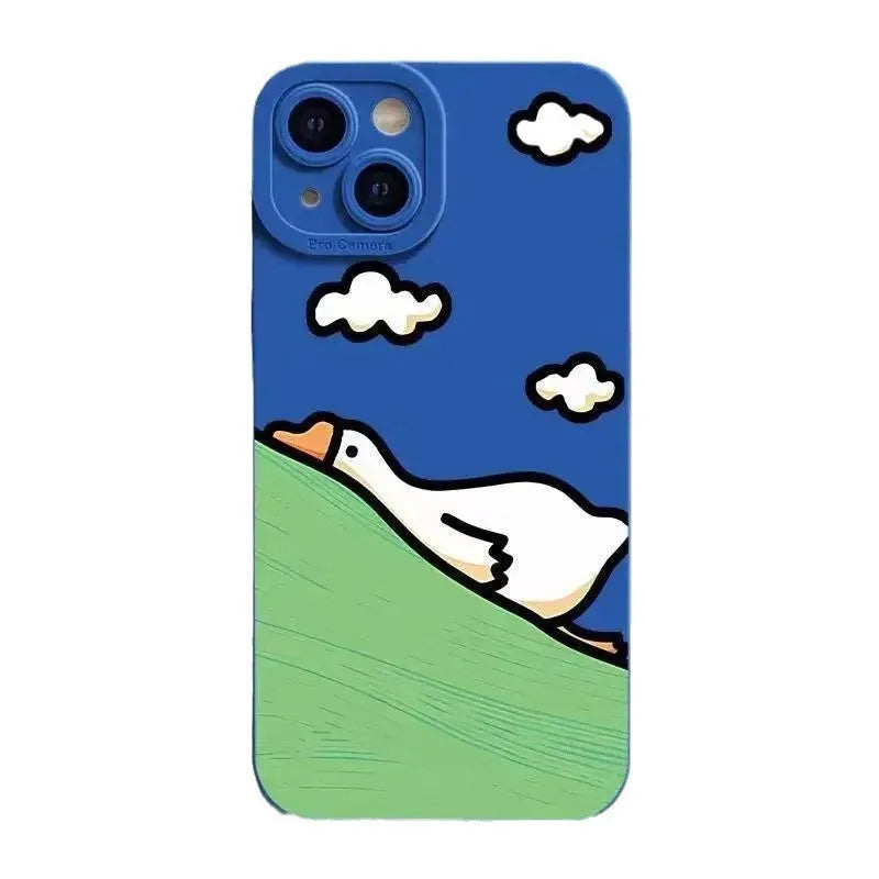 Cute carved cartoon duck design on a black silicone case for an iPhone.