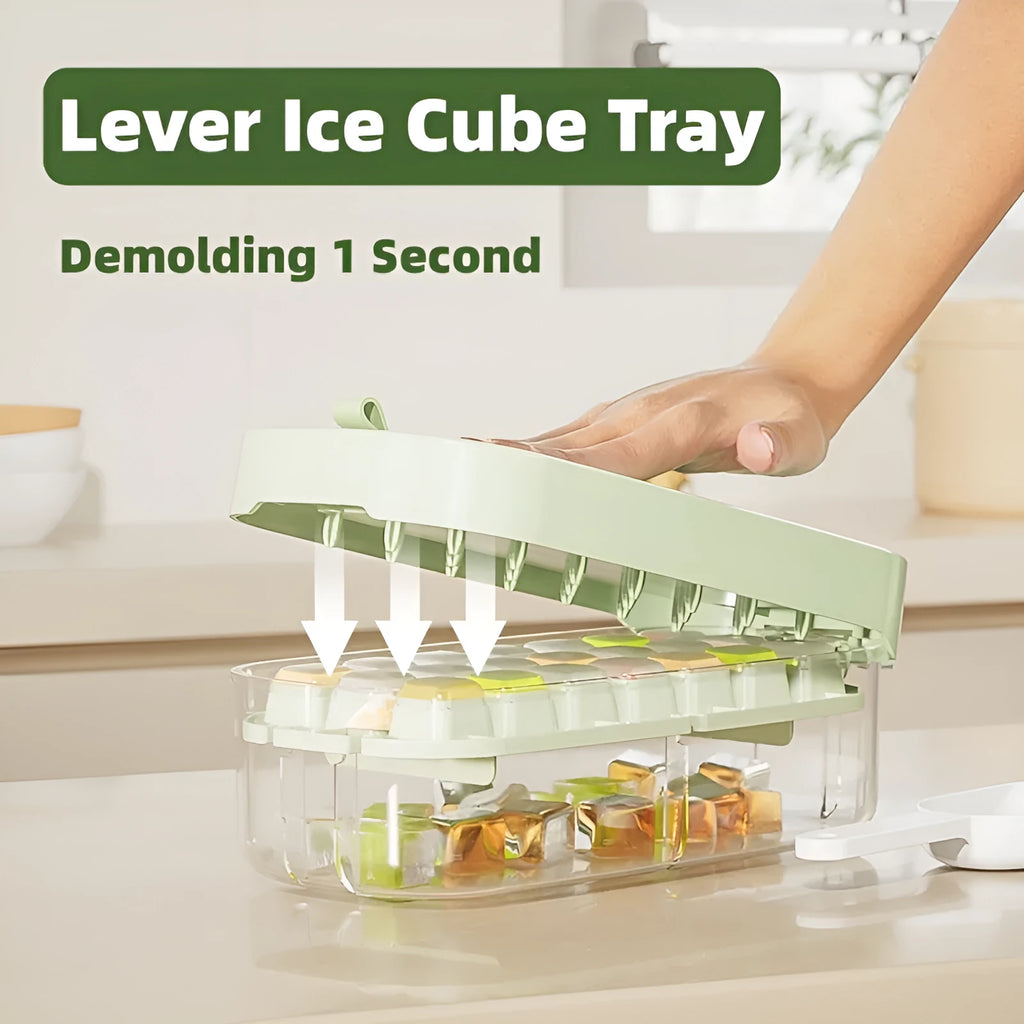 Blue high-capacity ice cube tray with grid design and a built-in storage slot for an ice shovel.
