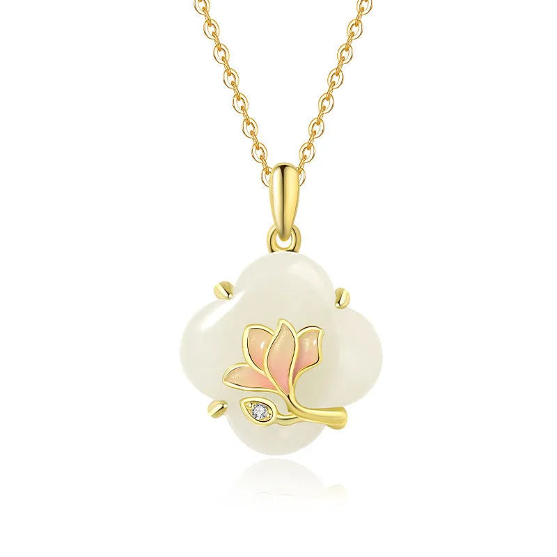 Magnolia Hetian jade jewellery set with sterling silver necklace, bracelet and earrings in New Chinese style