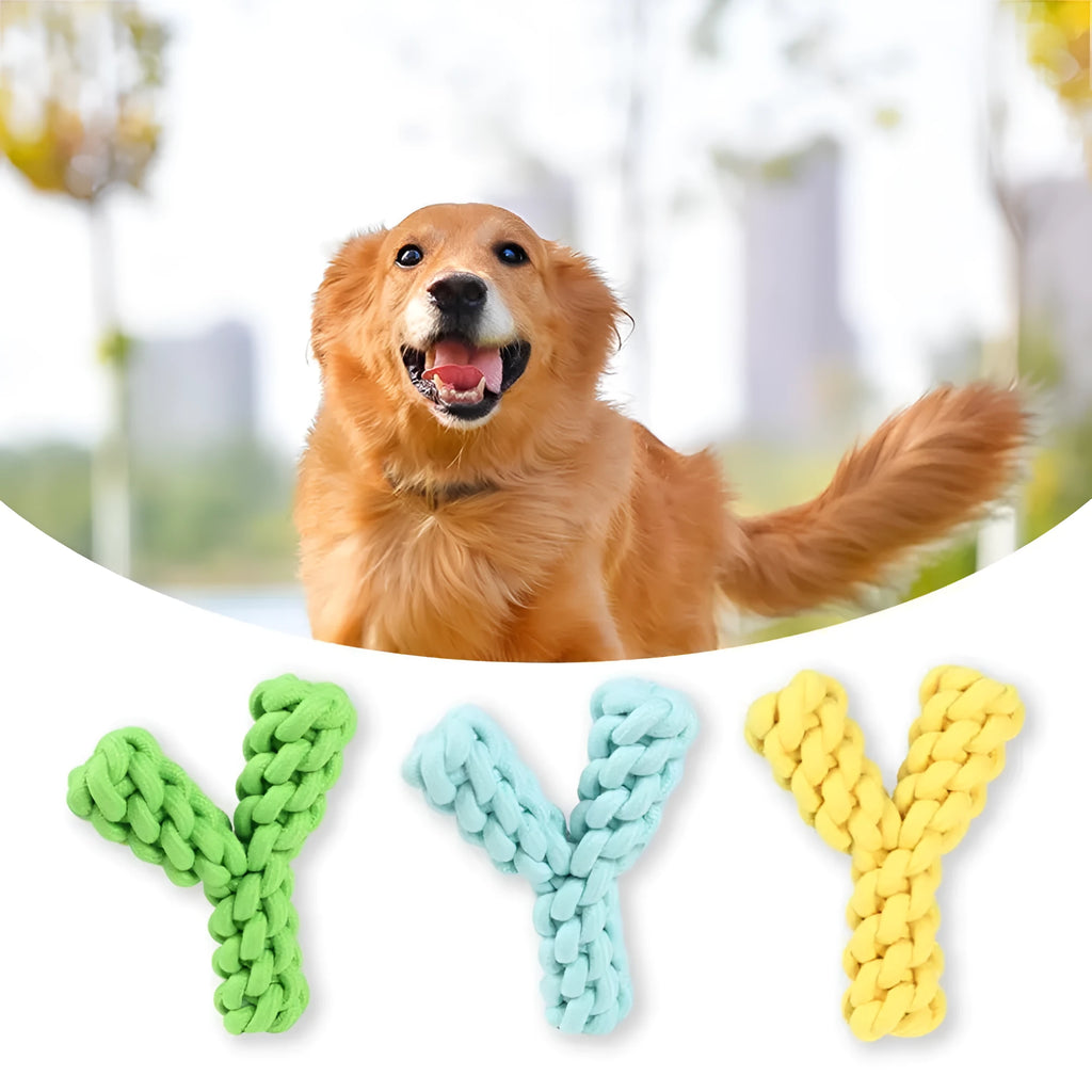 Blue Y-shaped cotton rope dog chew toy for large dogs shown with measurement scale