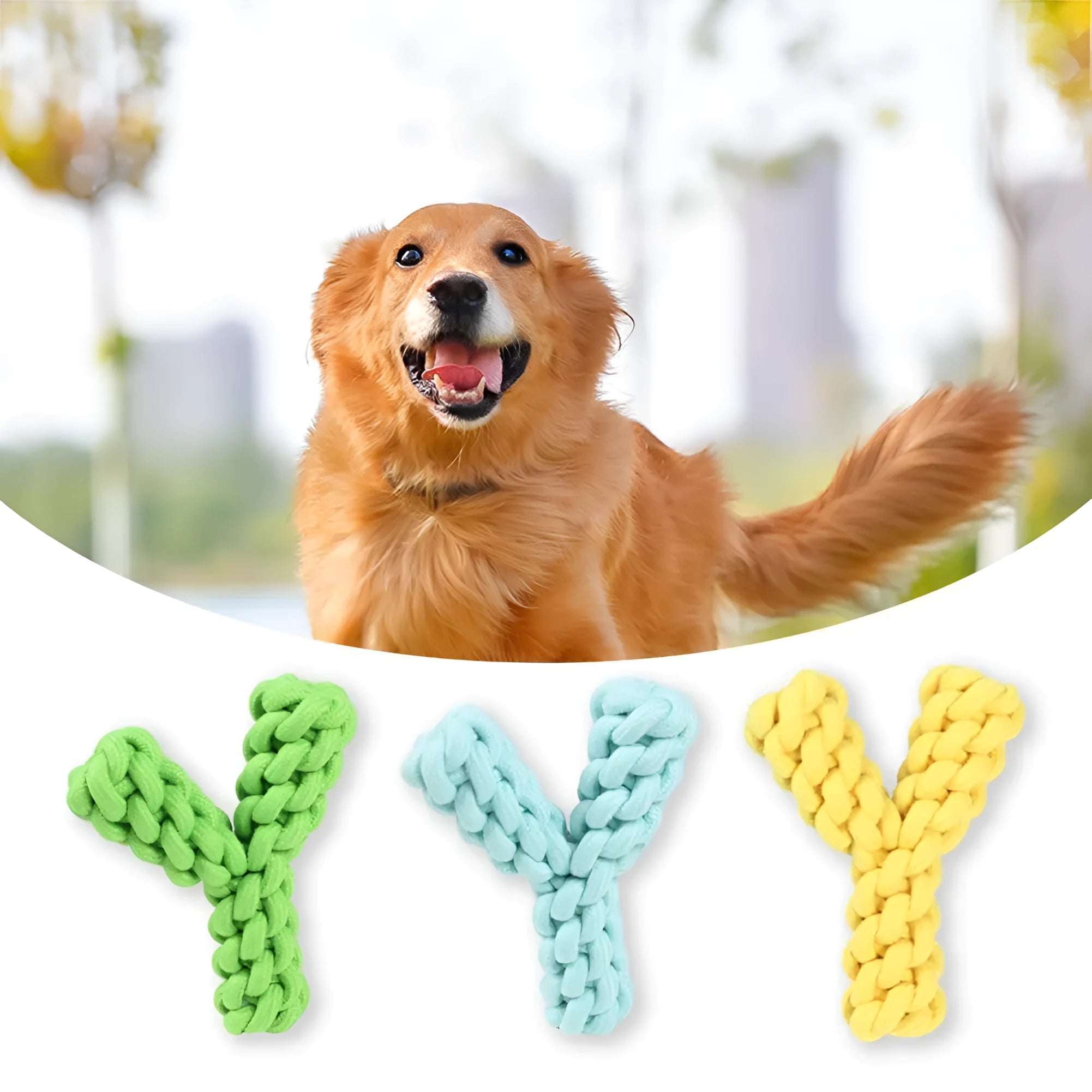 Blue Y-shaped cotton rope dog chew toy for large dogs shown with measurement scale