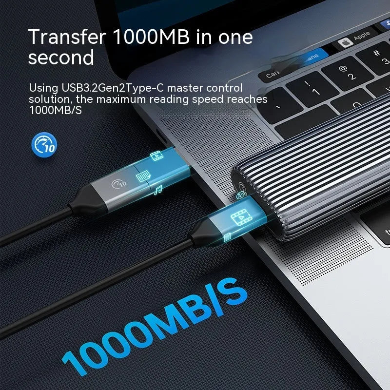 Aluminium external SSD enclosure for M.2 SATA and NVMe hard drives with data cable