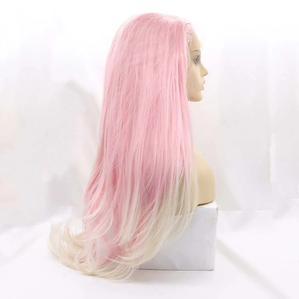 A pink gradient big wave fluffy synthetic wig on a stand, showing voluminous curls.