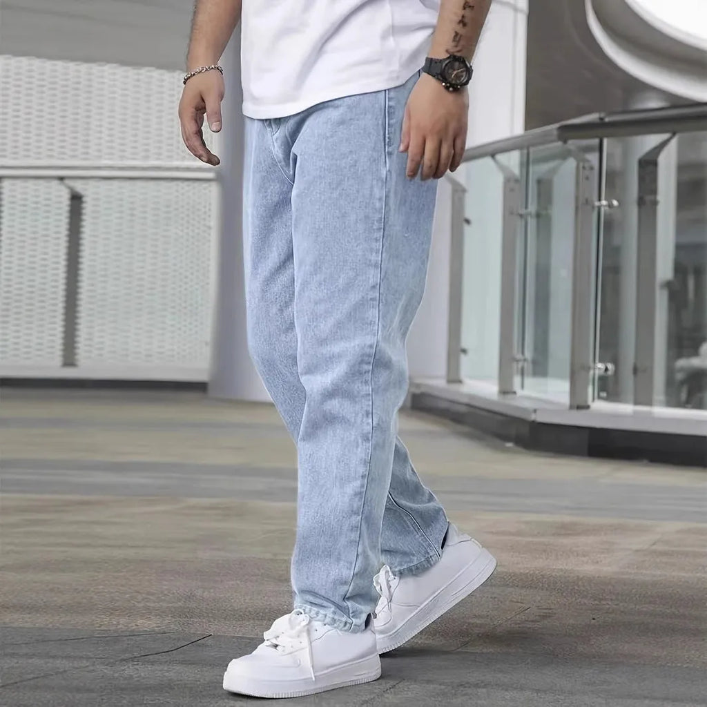 Youth slim straight-leg jeans for men in light blue cotton fabric, mid waist with zip placket