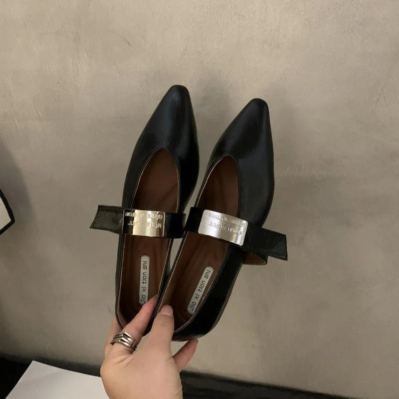 Women's silver finish pointed toe Mary Jane shoes with buckle fastening and low flat heel