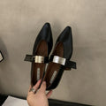 Women's silver finish pointed toe Mary Jane shoes with buckle fastening and low flat heel