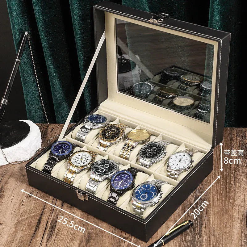 Wood grain PU leather watch storage box with glass lid showing multiple slots with soft pillows