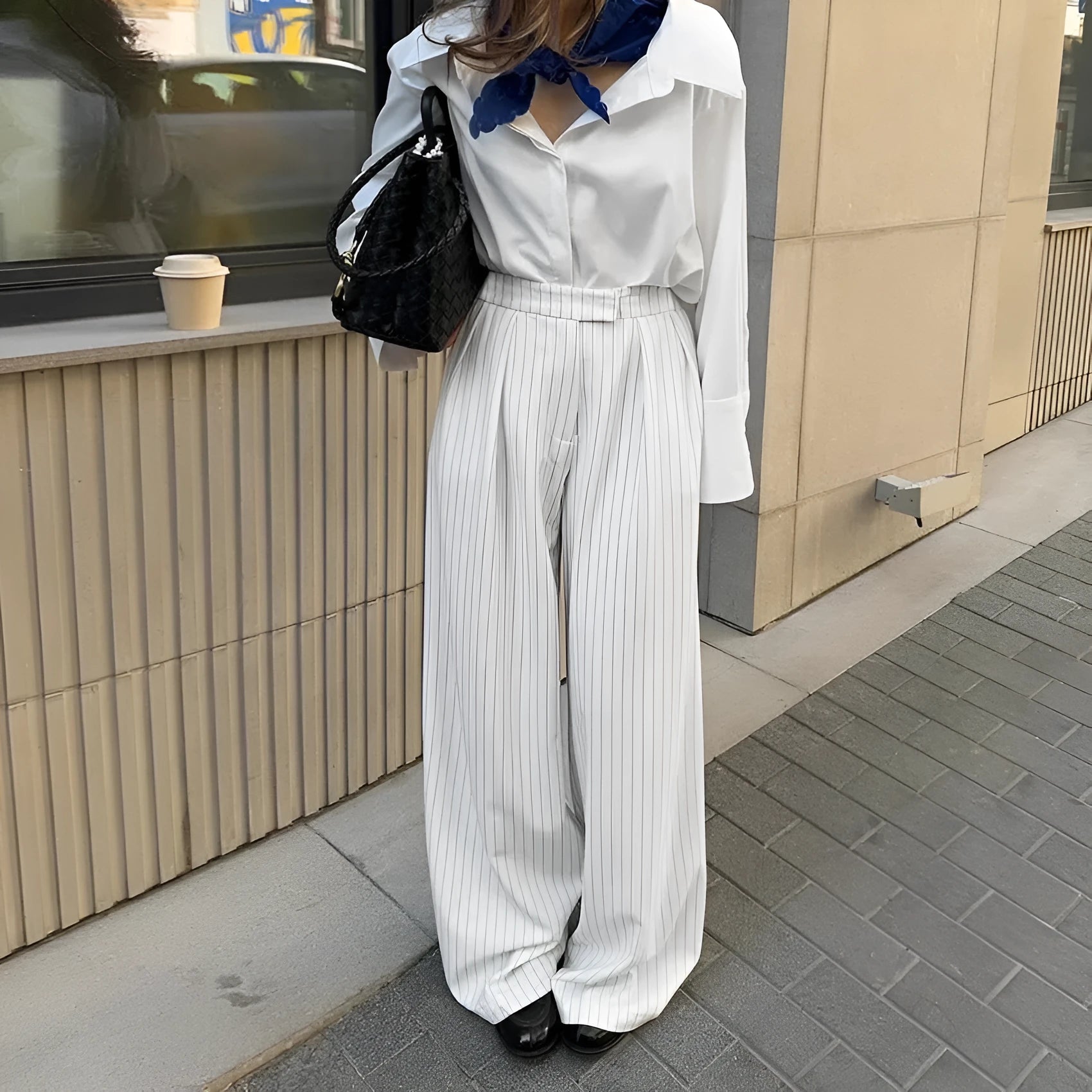 White striped wide-leg women's trousers with loose casual fit for office commuting