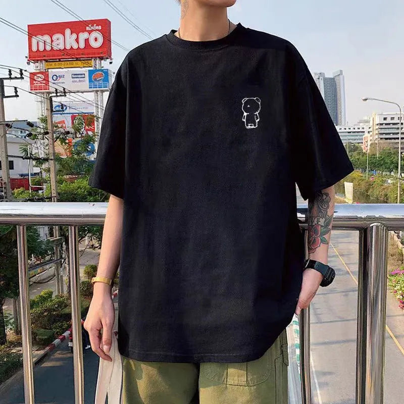 Plus size cotton short sleeve top with round neck and letter print, available in black or white