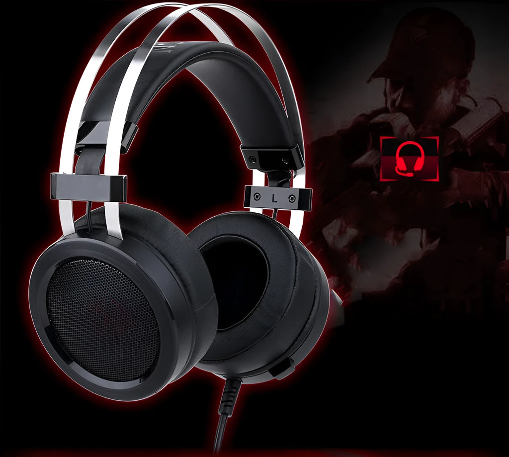 Black wired over-ear gaming headset with a long cable and 3.5mm audio jack
