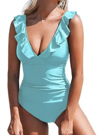 Women's apricot floral one-piece V-neck swimsuit with lace-up and flounce detail