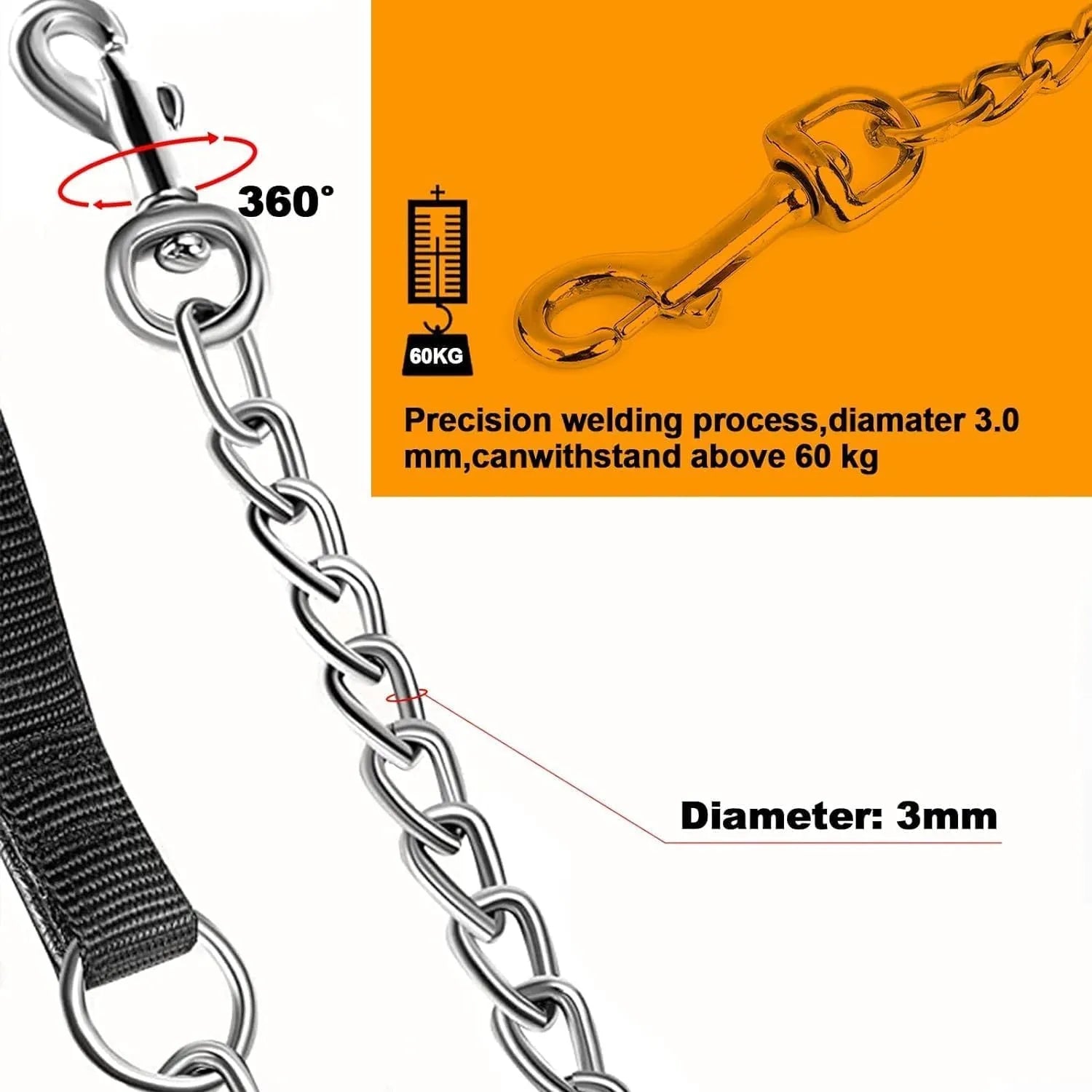 Heavy duty metal dog leash with chew-proof chain and soft black padded handle on a concrete background.