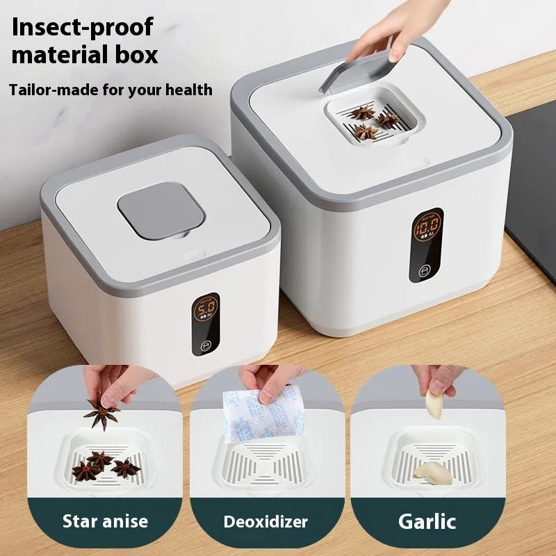 Grey plastic sealed rice storage jar with lid and measuring cup in 10kg, 20kg, or 30kg size.
