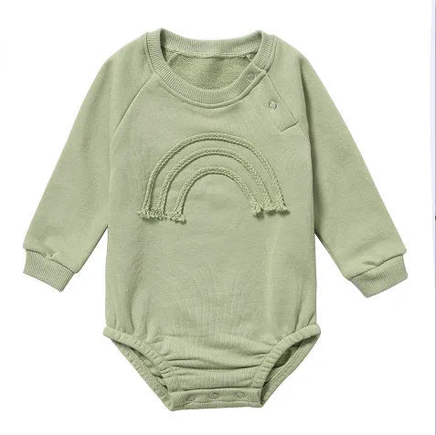 Waffle cotton baby long sleeve romper in beige with cotton rope closure