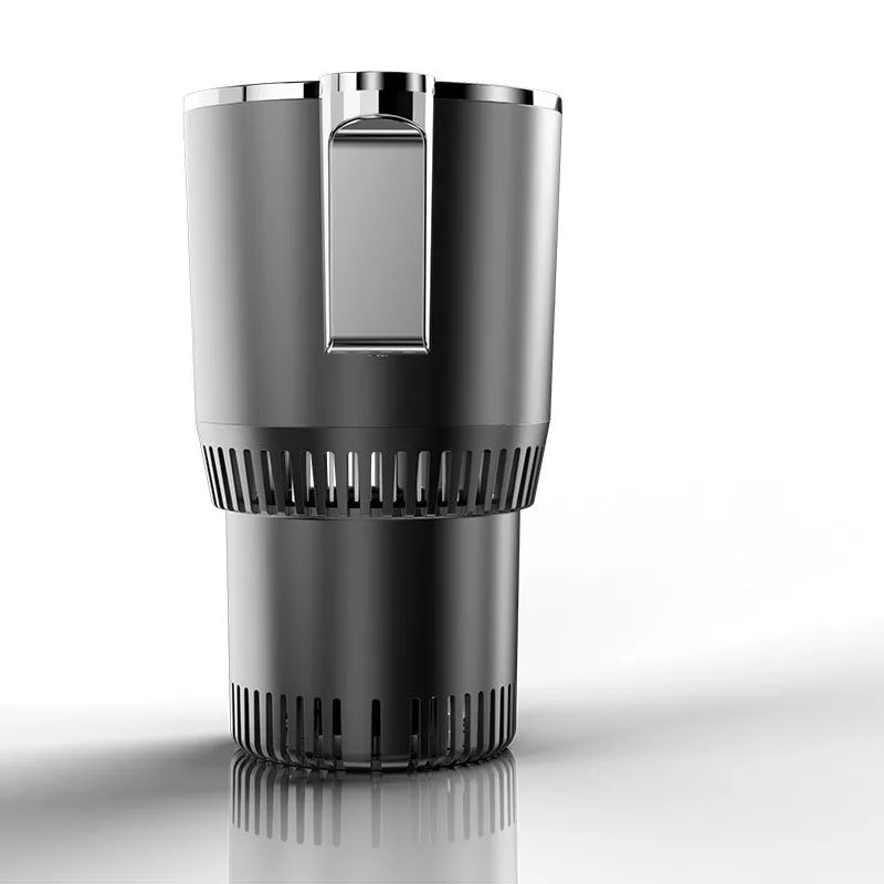 Black 12V car cup holder with digital display for heating and cooling drinks