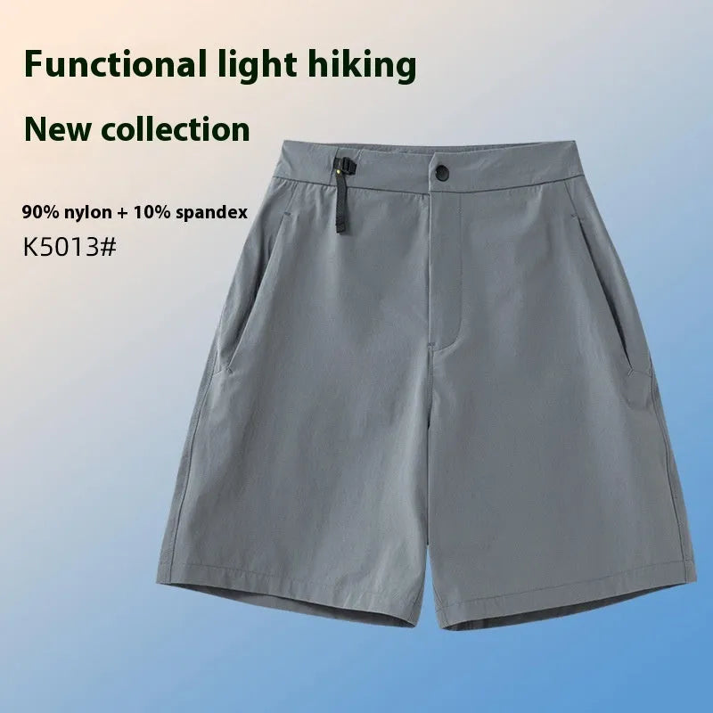 Man wearing khaki quick-drying sports shorts with a 3D cut, suitable for running.