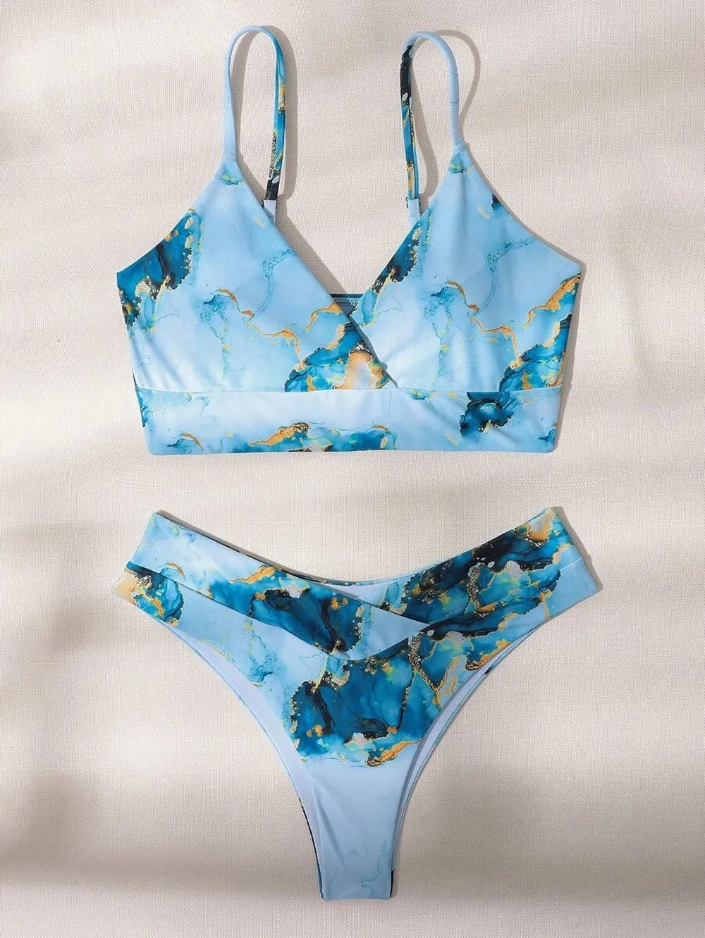 Women's high-waist U-neck separated bikini swimsuit with marble tie-dye printing